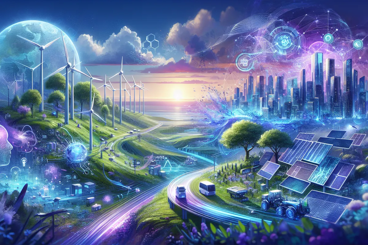 Allée de serveurs dans un data center relié visuellement à un réseau électrique et à des énergies renouvelables