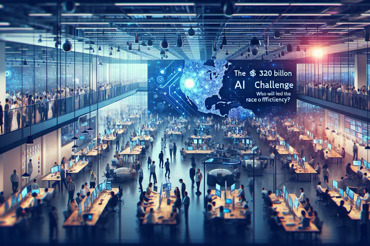 Techniciens dans un vaste centre de données illustrant les investissements massifs dans l’infrastructure IA.