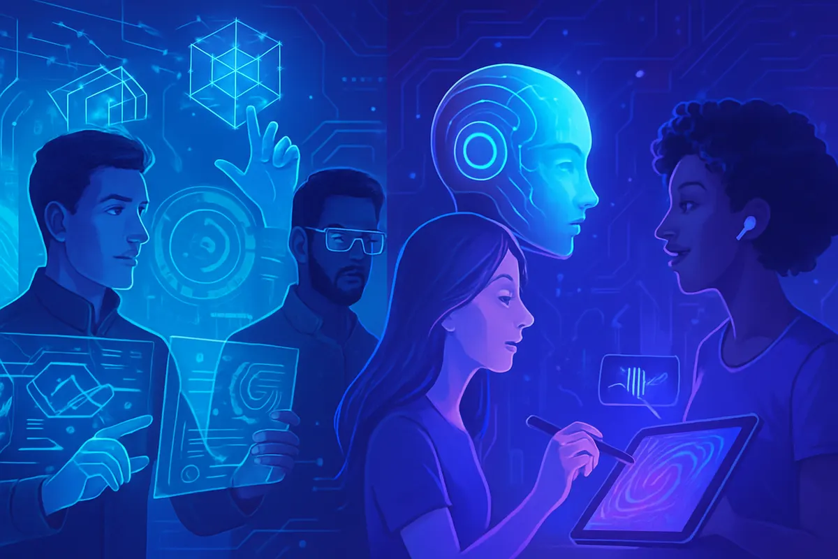 Des salariés discutent autour d’ordinateurs de l’usage responsable d’un assistant d’intelligence artificielle.