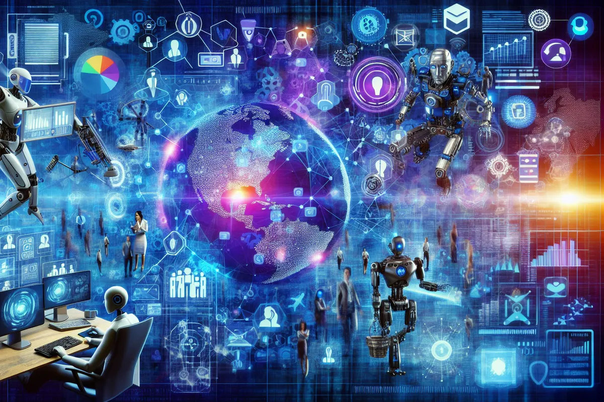 Des salariés de bureau et de chantier utilisent des outils numériques et un robot collaboratif au travail.