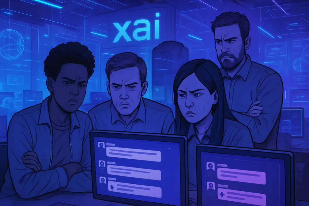 Des employés réunis devant des écrans affichant des réponses problématiques d’un chatbot dans un bureau.