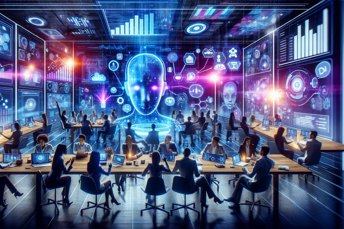 Une équipe marketing analyse des segments clients et des contenus assistés par intelligence artificielle.