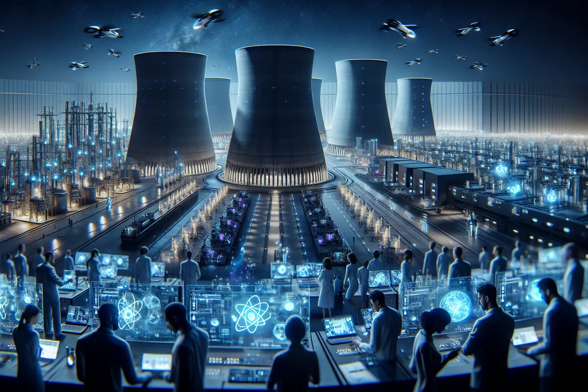Un datacenter relié par des lignes électriques à une centrale nucléaire en arrière-plan.