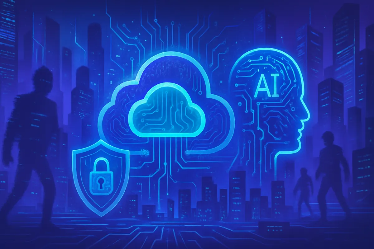 Analyste en cybersécurité surveillant des alertes d’IA devant les systèmes d’un centre de données cloud