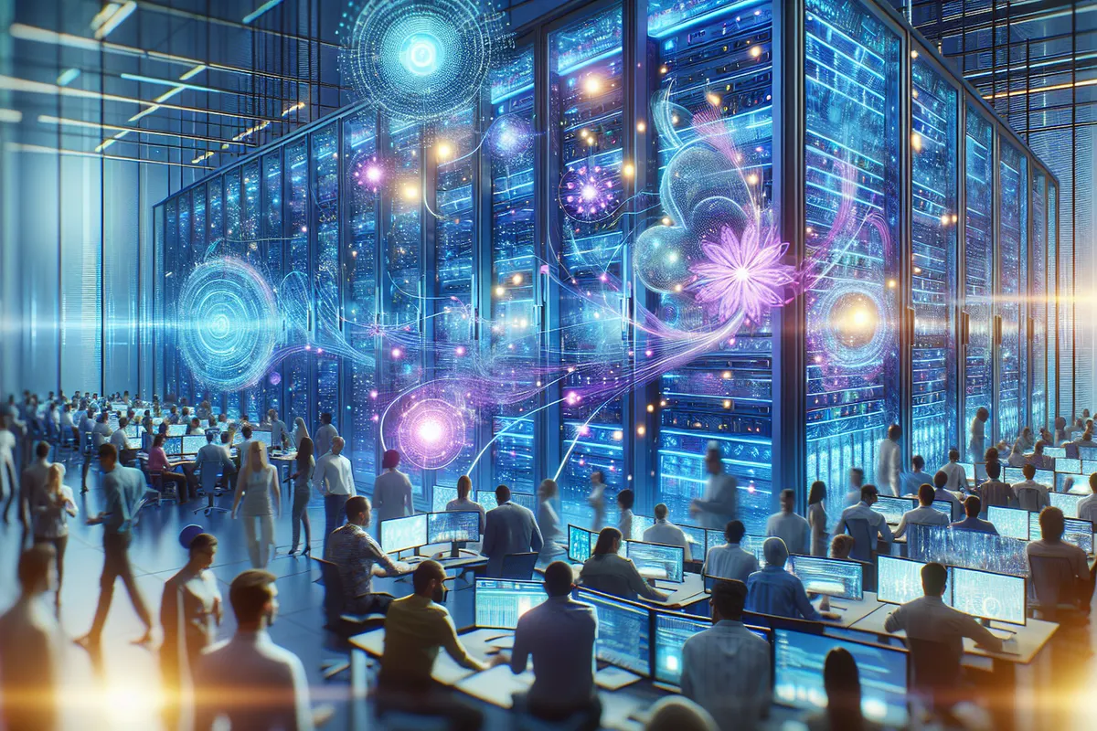 Des équipes supervisent un centre de données connecté à des systèmes d’IA et à des flux sécurisés.