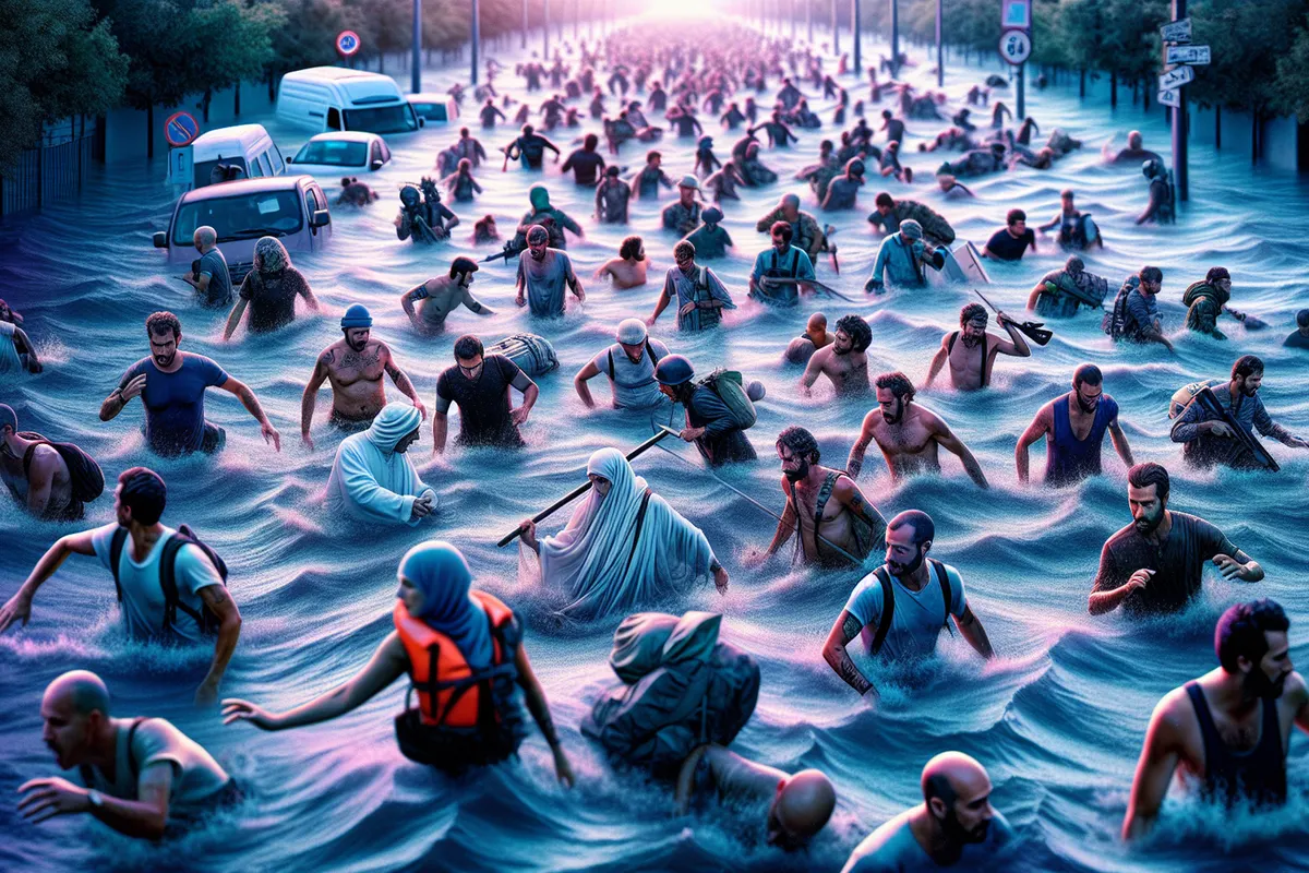 Rue inondée à Valence avec des voitures déplacées, tandis qu’un journaliste vérifie une photographie.