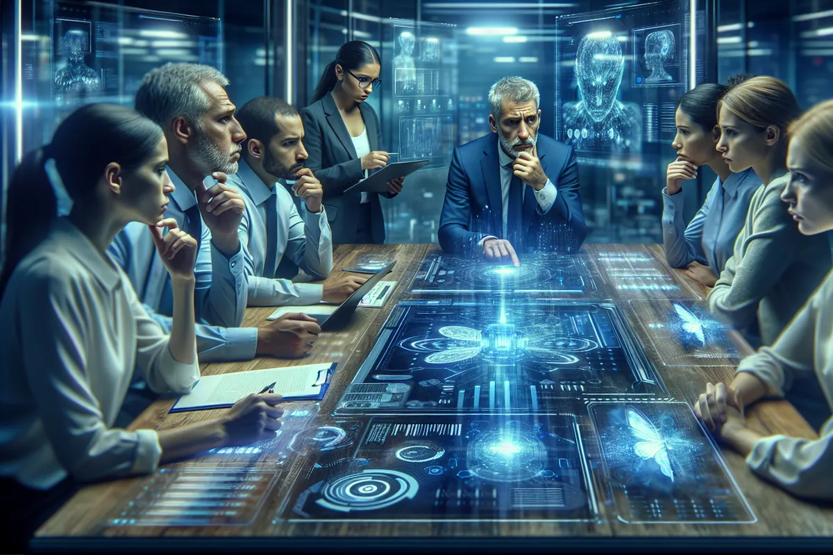 Des agents publics vérifient ensemble une analyse produite par une intelligence artificielle avant une décision.