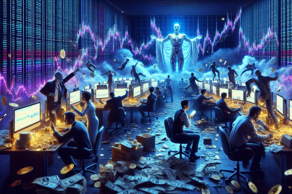 Analyste observant des graphiques de crypto-actifs et un réseau d’agents d’intelligence artificielle décentralisés