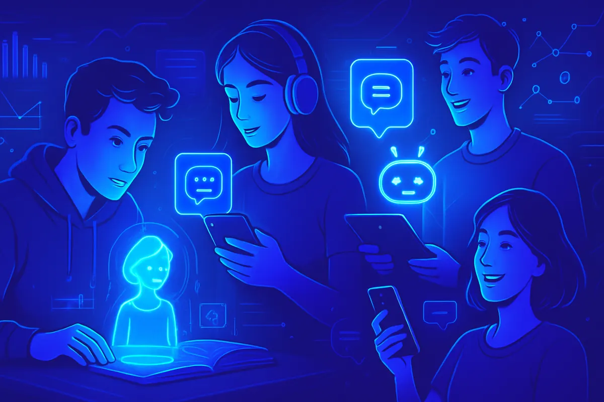 Une jeune adulte consulte un assistant IA sur son téléphone et son ordinateur pour organiser ses tâches quotidiennes.