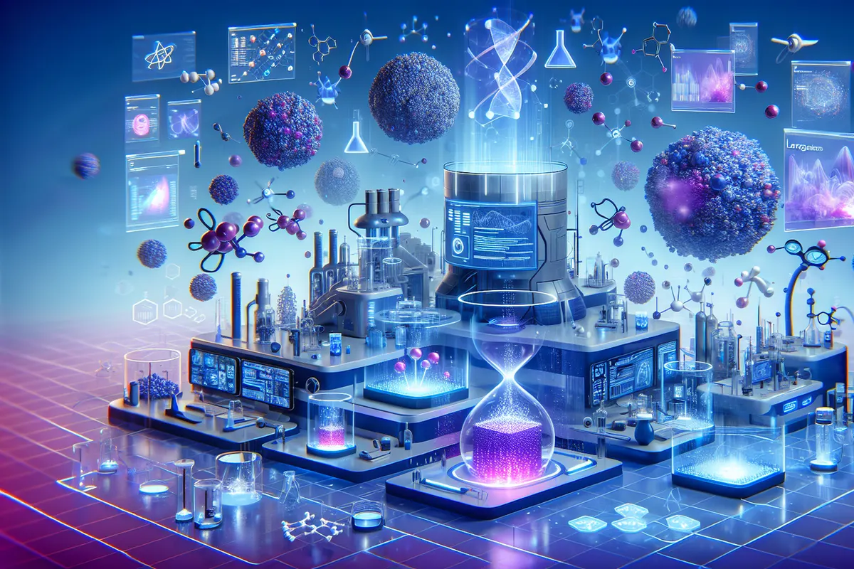 Chercheuse analysant sur écran une structure moléculaire et un plan de synthèse assistés par IA.
