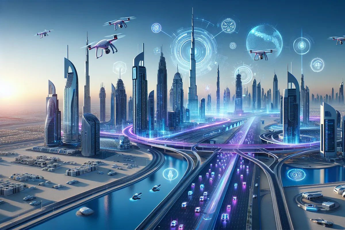 Participants devant une démonstration de vision par ordinateur dans une salle de conférence futuriste à Dubaï