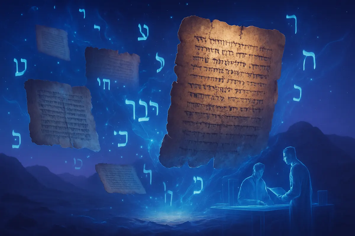 Une conservatrice examine des fragments anciens tandis qu’un système numérique analyse leur écriture.