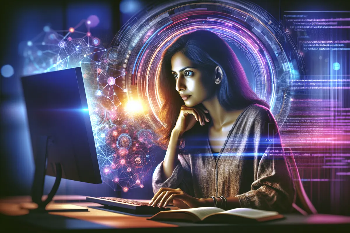 Une personne consulte sur ordinateur une recherche IA reliée à plusieurs documents et résultats web.