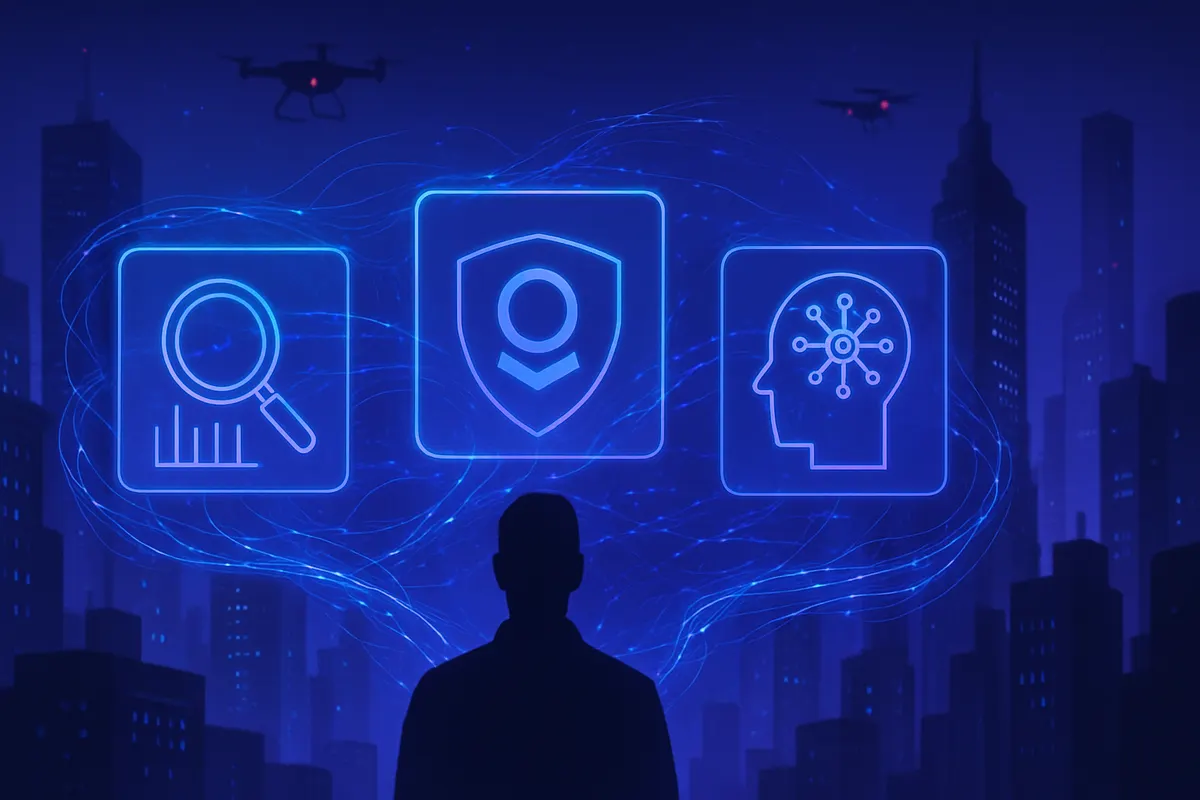 Écrans de données reliés à une silhouette, illustration des enjeux de surveillance numérique et de vie privée