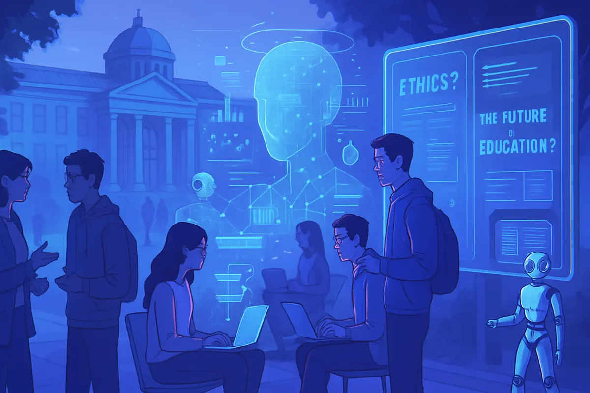 Des étudiants et un enseignant discutent d’évaluations universitaires face aux outils d’intelligence artificielle.