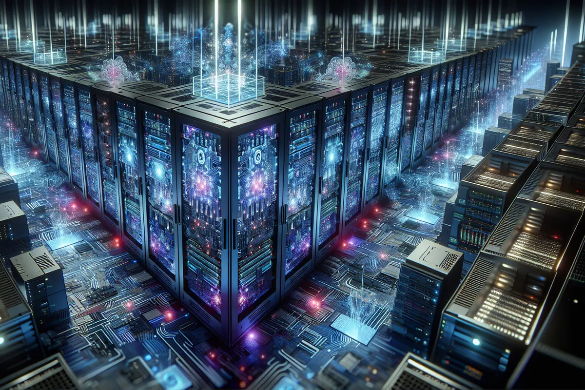Allée d’un centre de données dédié à l’intelligence artificielle, avec serveurs, câbles réseau et systèmes de refroidissement.