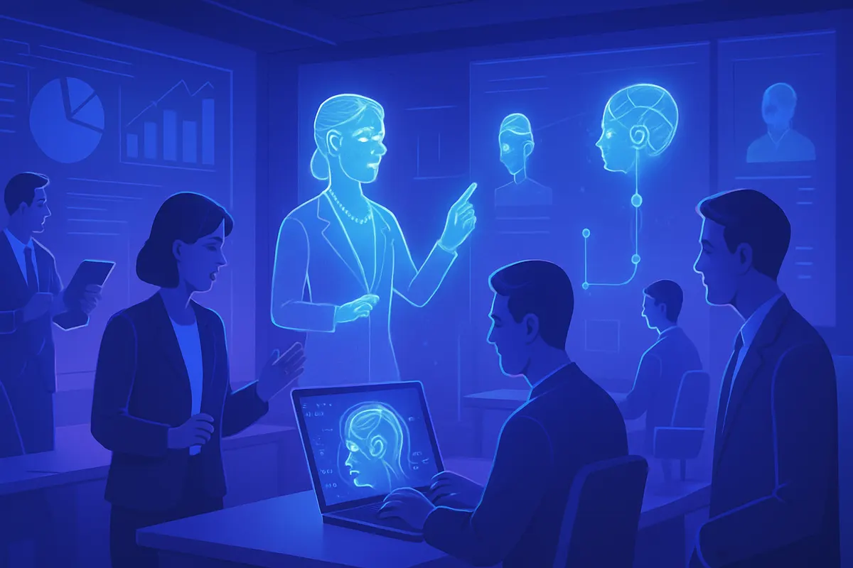 Une équipe RH forme des salariés à un usage sécurisé et vérifié d’un assistant d’intelligence artificielle.