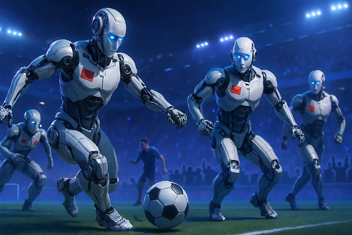 Des robots humanoïdes disputent un match de football autonome à trois contre trois sur un terrain intérieur.