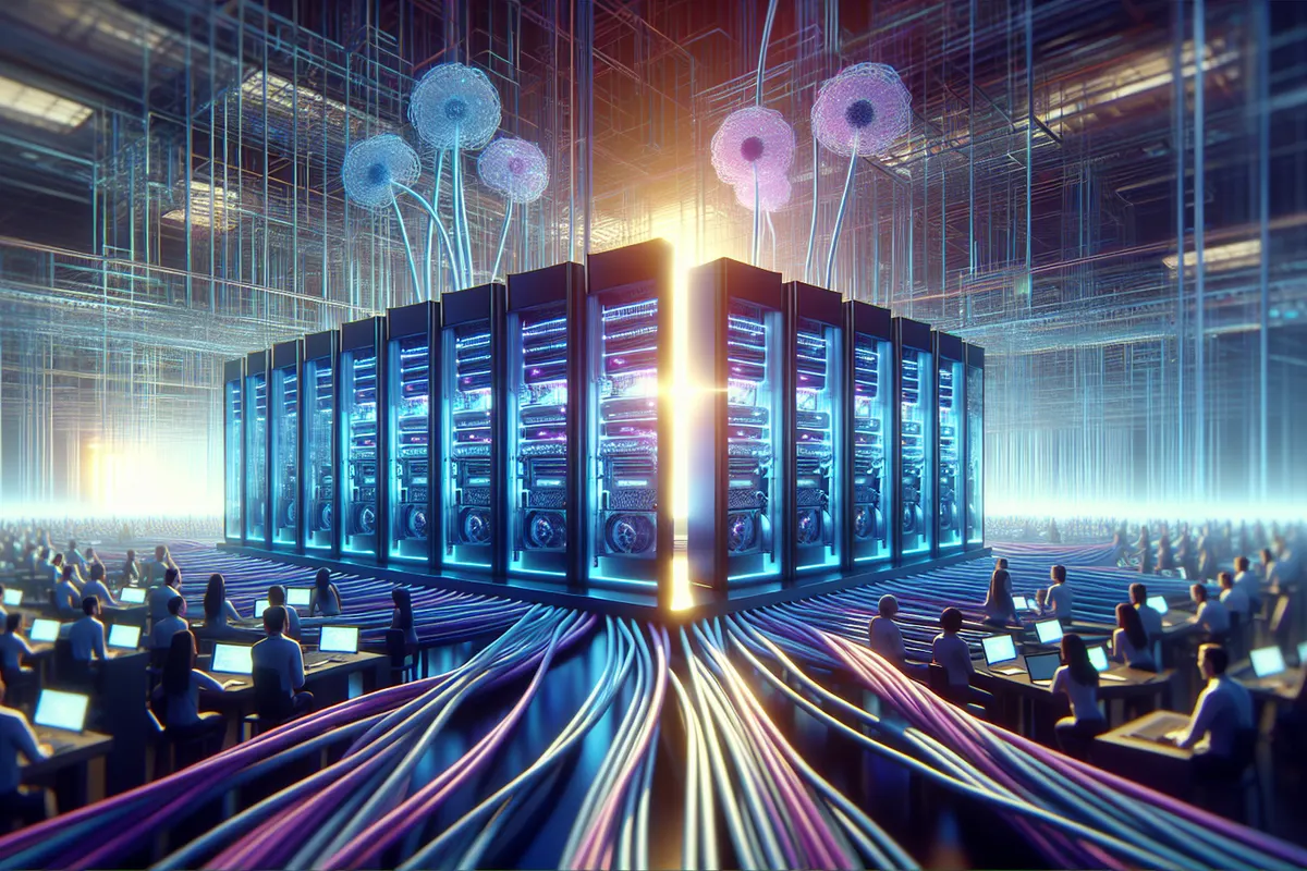 Allée d’un centre de supercalcul avec des baies informatiques et des visualisations scientifiques sur écran.