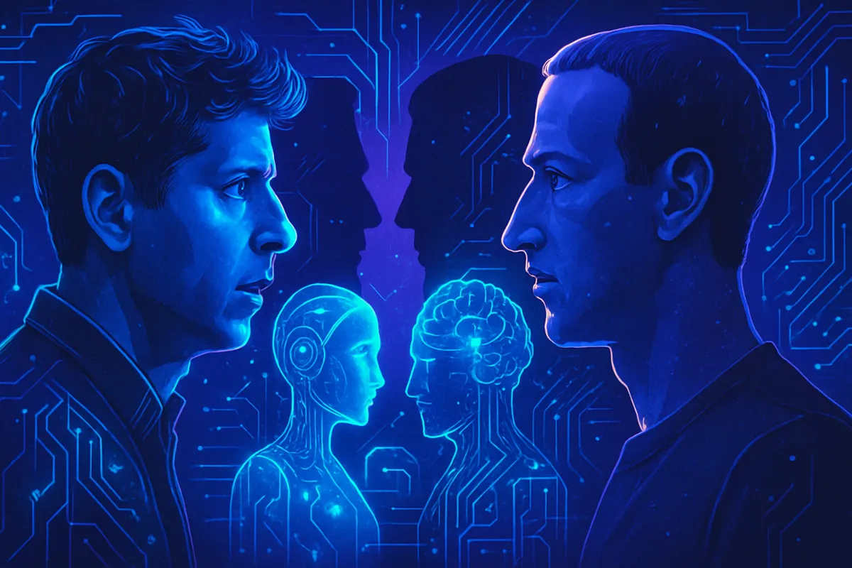 Des chercheurs en intelligence artificielle travaillent dans deux laboratoires rivaux séparés par une paroi vitrée.
