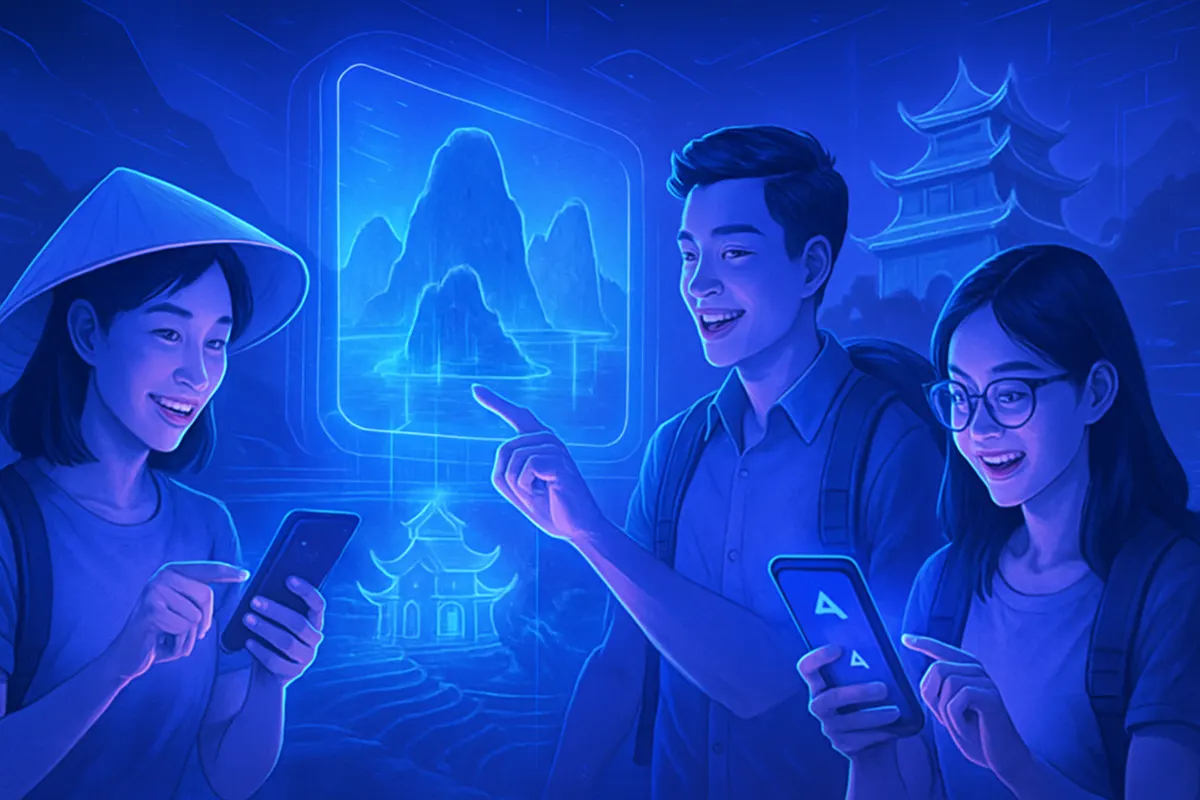 Voyageuse préparant un itinéraire personnalisé sur son téléphone dans un aéroport vietnamien