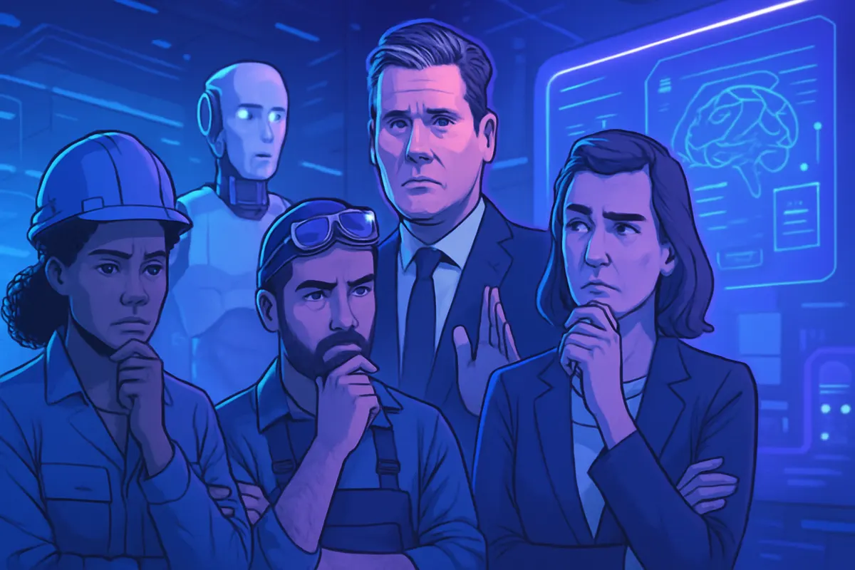 Des salariés britanniques discutent de l’usage de l’intelligence artificielle lors d’une réunion de travail.