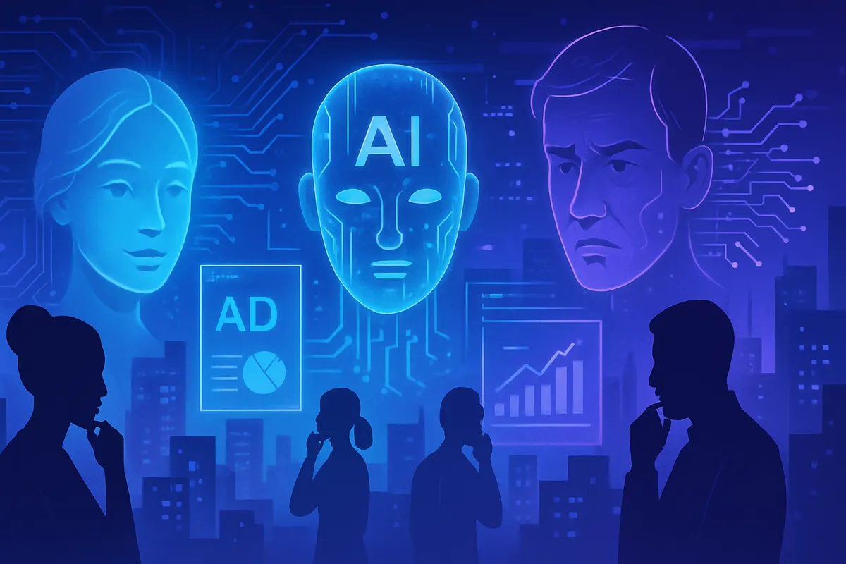Équipe marketing utilisant une interface d’IA face à une cliente préoccupée par ses données personnelles.