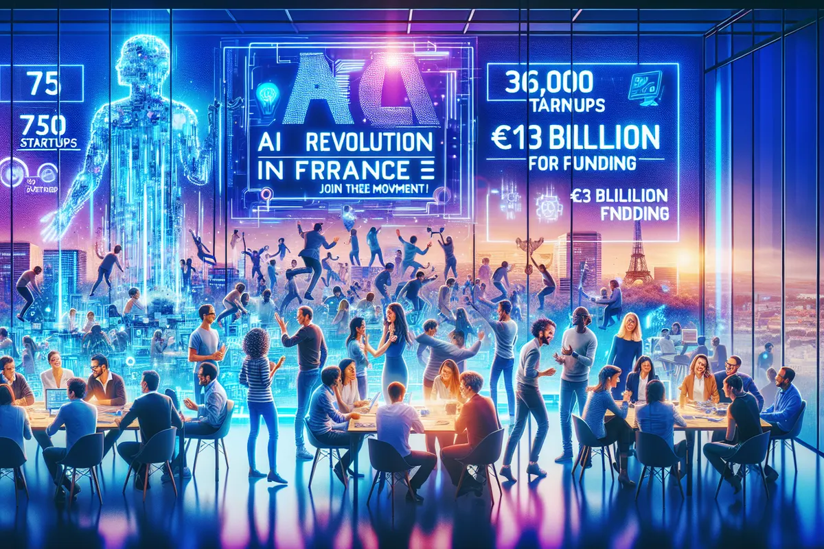 Équipe de startup travaillant sur des données d’IA devant une carte des pôles technologiques français