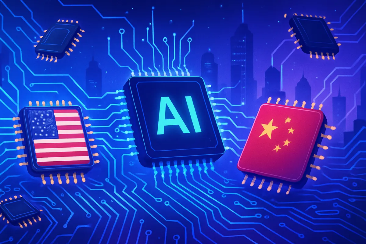 Puces électroniques et serveurs illustrant la rivalité technologique entre les États-Unis et la Chine