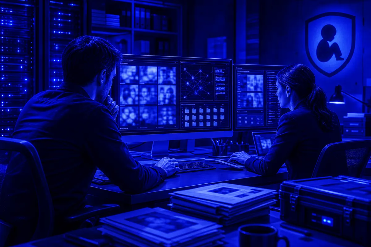 Des enquêteurs analysent des contenus numériques suspects dans un bureau sécurisé de protection de l’enfance.
