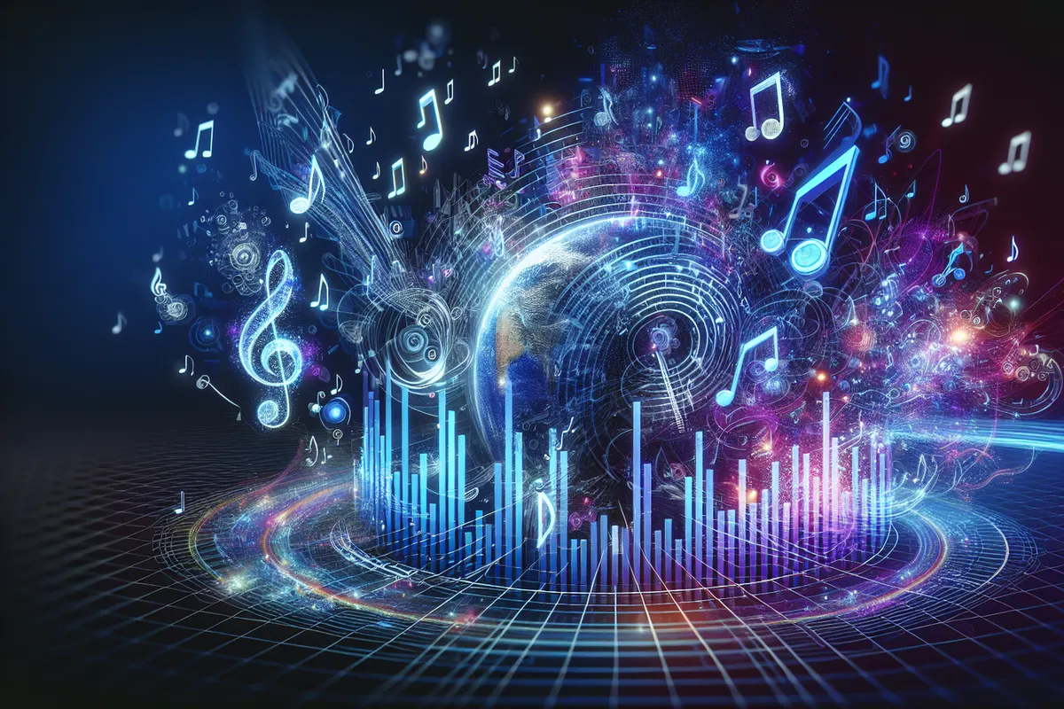 Une auditrice consulte des morceaux sur son téléphone face à un studio de musique assisté par IA.