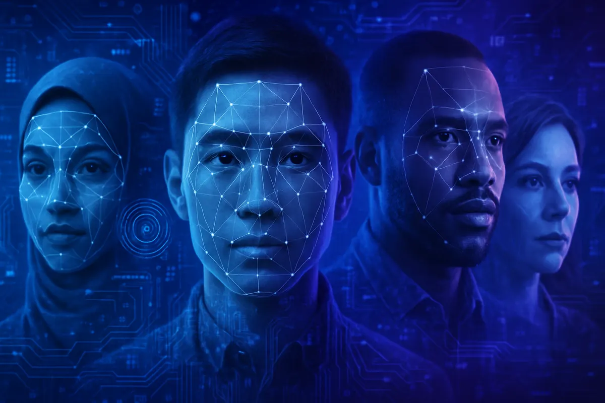 Un passager passe un contrôle automatisé tandis qu’un système analyse son visage à l’aéroport.