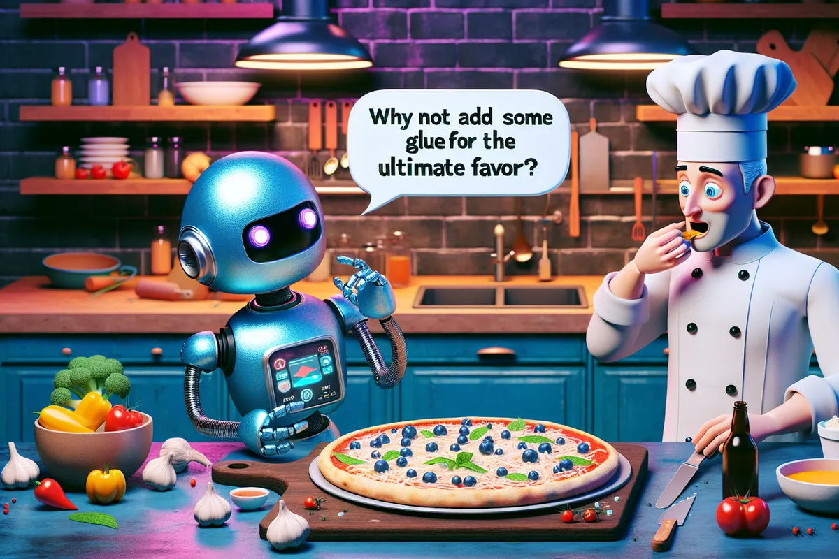 Une personne hésite devant une pizza et un téléphone affichant une recommandation culinaire automatisée.