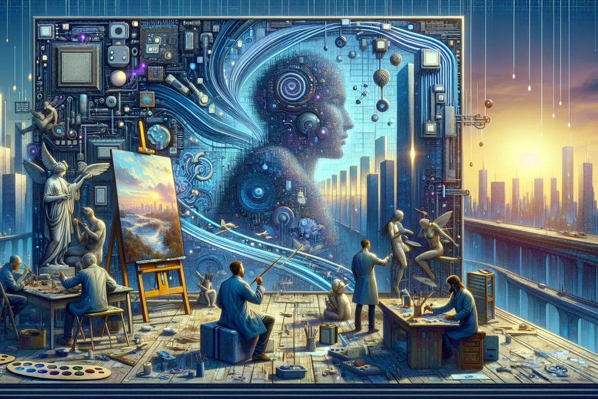 Artiste comparant une esquisse et des créations générées par IA dans un atelier relié à une galerie.