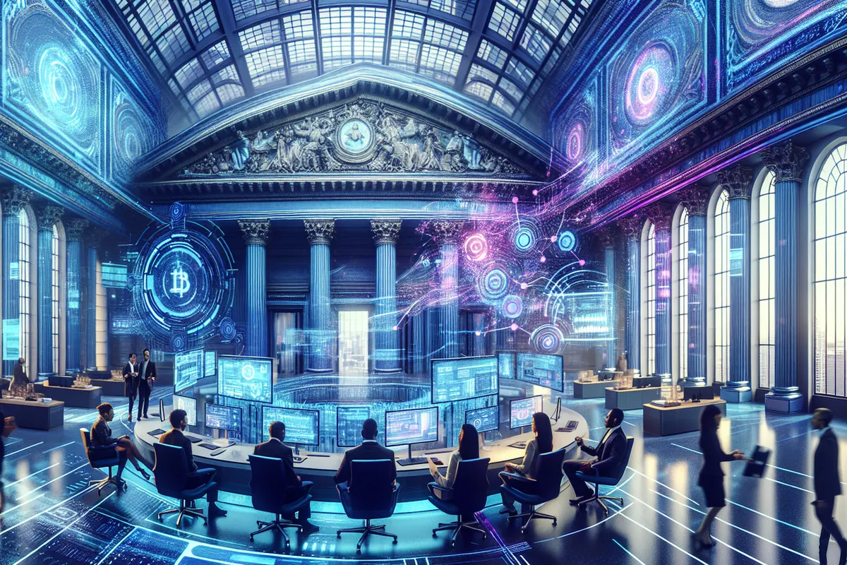 Conseillère bancaire examinant un dossier client assistée par une interface d’intelligence artificielle.