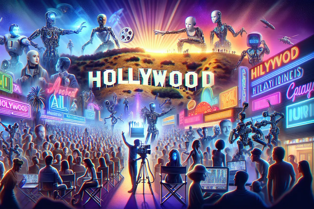 Ingénieur du son en postproduction devant des écrans, symbole de l’IA dans le cinéma hollywoodien