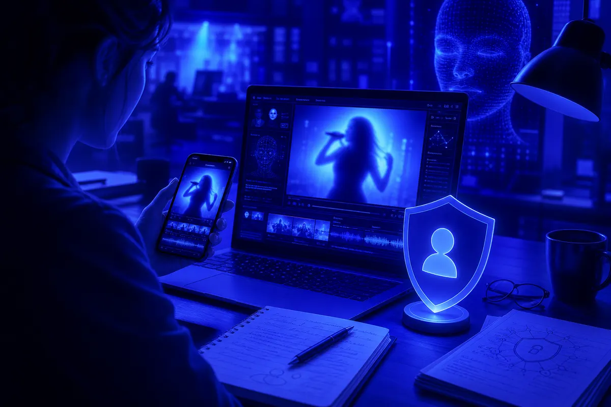 Journaliste examinant des vidéos synthétiques sur écran, symbole de protection de l’image au premier plan.