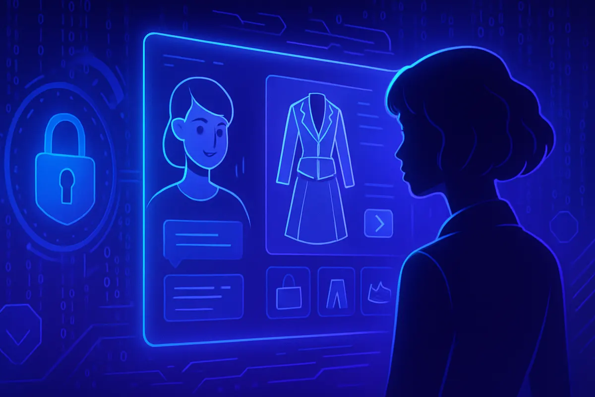 Une cliente consulte un assistant de mode sur smartphone, avec des données protégées autour de l’interface.