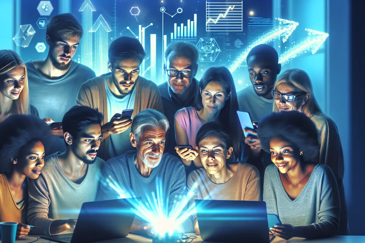 Des utilisateurs emploient des assistants d’IA sur ordinateur et smartphone dans des contextes quotidiens et professionnels.