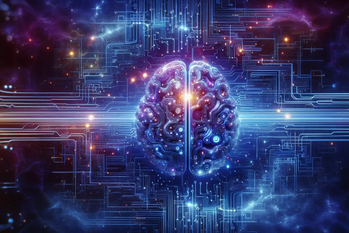 Illustration de neurones en compétition reliant un cortex cérébral à une puce neuromorphique.