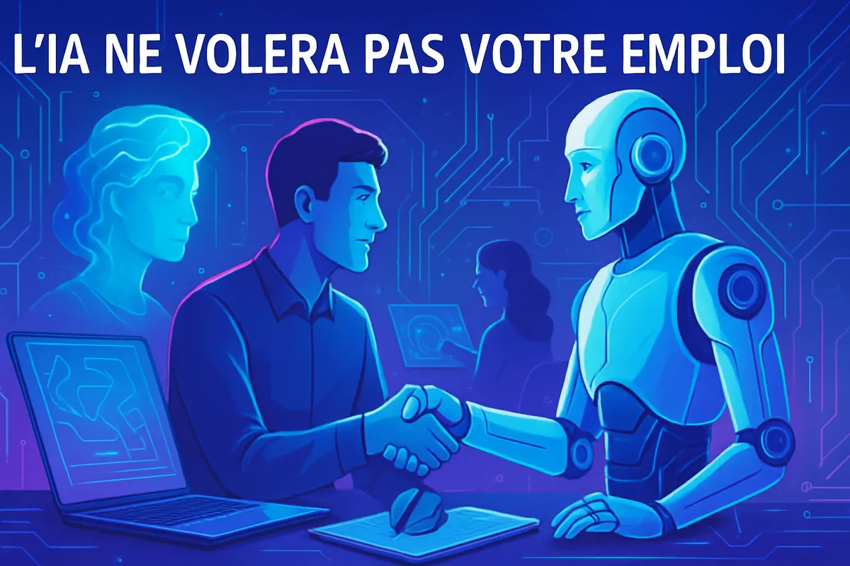 Des salariés vérifient des résultats d’IA et collaborent autour de données et d’une production vidéo.