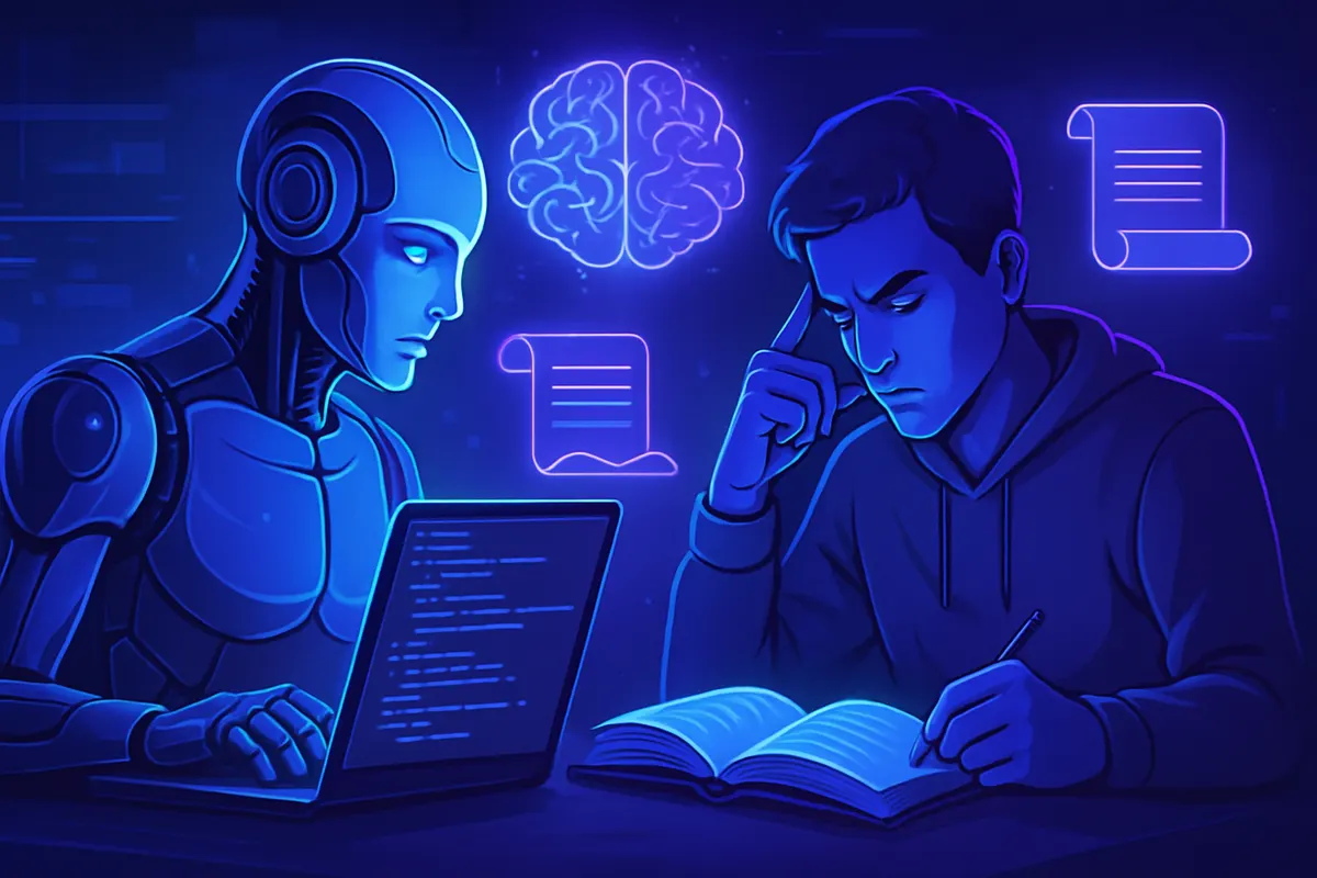Une étudiante compare ses notes manuscrites et un brouillon d’essai sur son ordinateur portable.