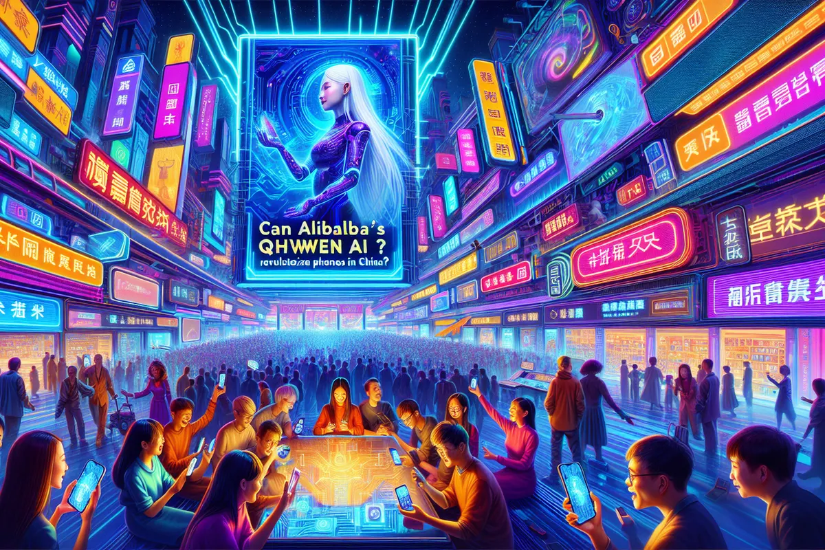 Un iPhone affichant un assistant d’intelligence artificielle dans un quartier technologique chinois animé.