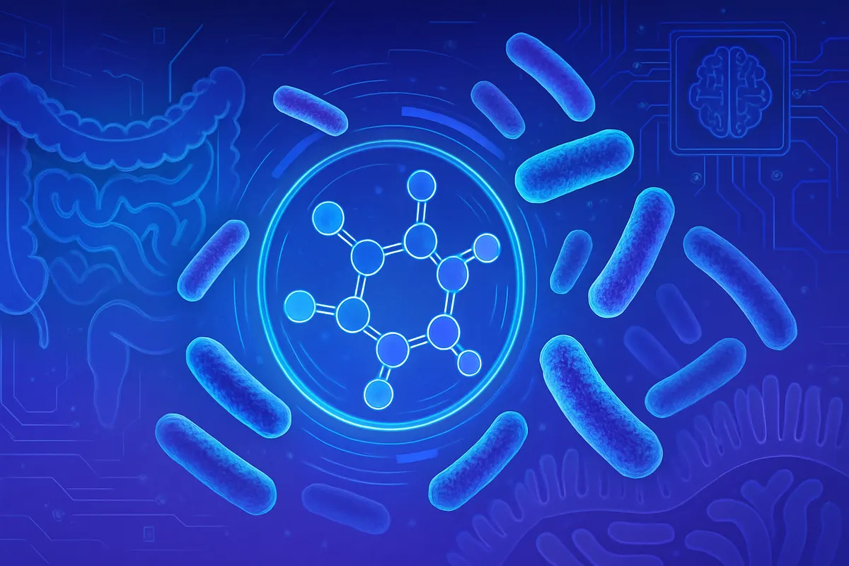 Une chercheuse analyse sur ordinateur l’interaction entre un antibiotique ciblé et une protéine bactérienne intestinale.