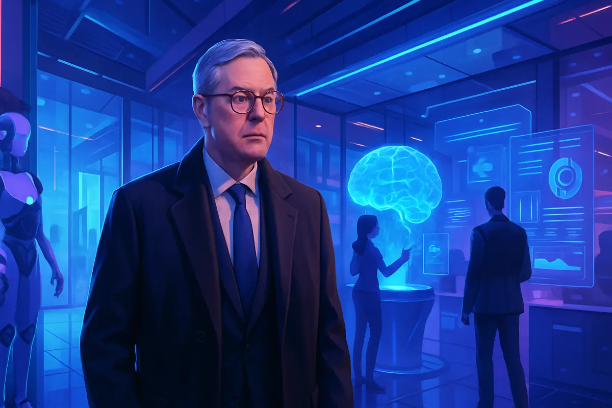 Un conseiller examine un dossier entre un couloir parlementaire et une salle de réunion dédiée à l’intelligence artificielle.
