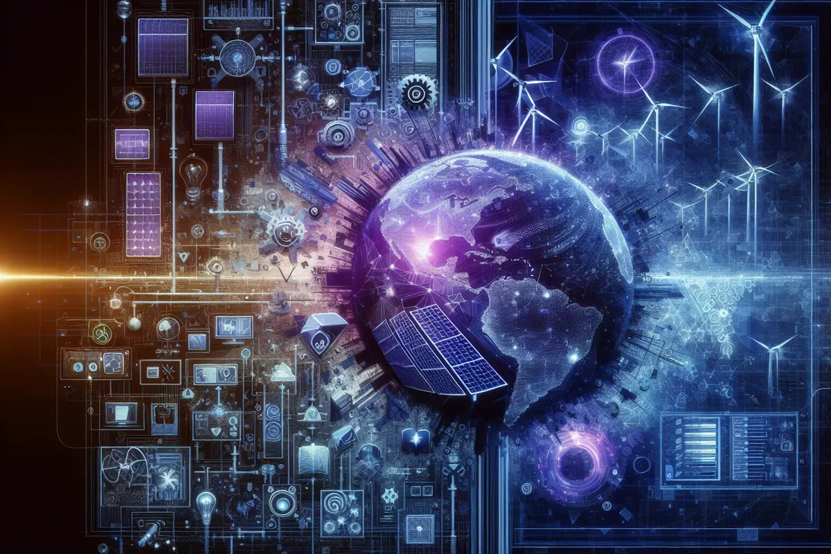 Un data center relié à un réseau électrique, avec éoliennes et panneaux solaires à proximité.