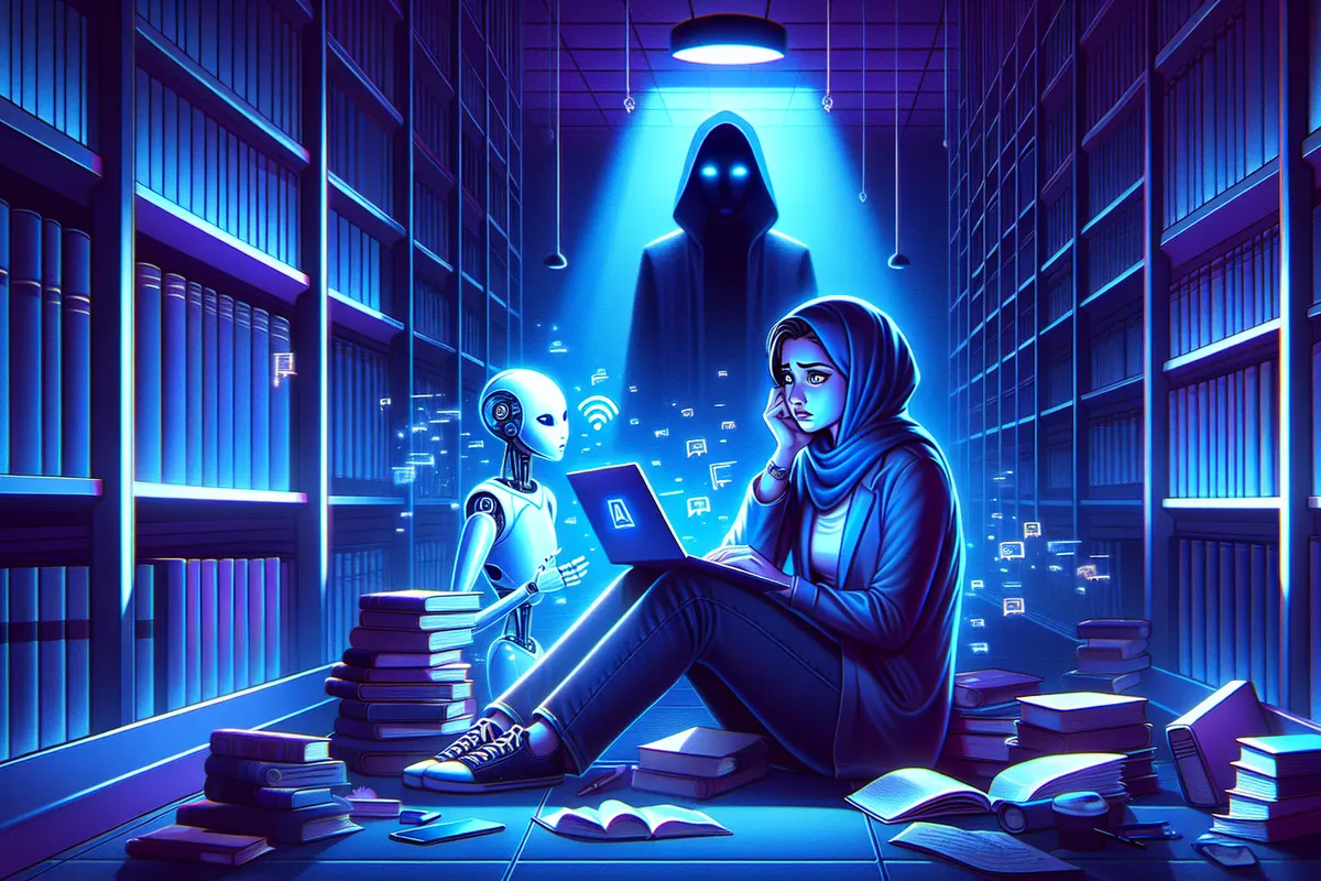 Étudiant travaillant sur un devoir à l’université, entre notes personnelles et assistant d’intelligence artificielle.