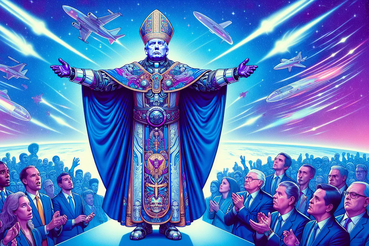 Montage symbolique d’un téléphone affichant une figure en tenue papale devant le Vatican