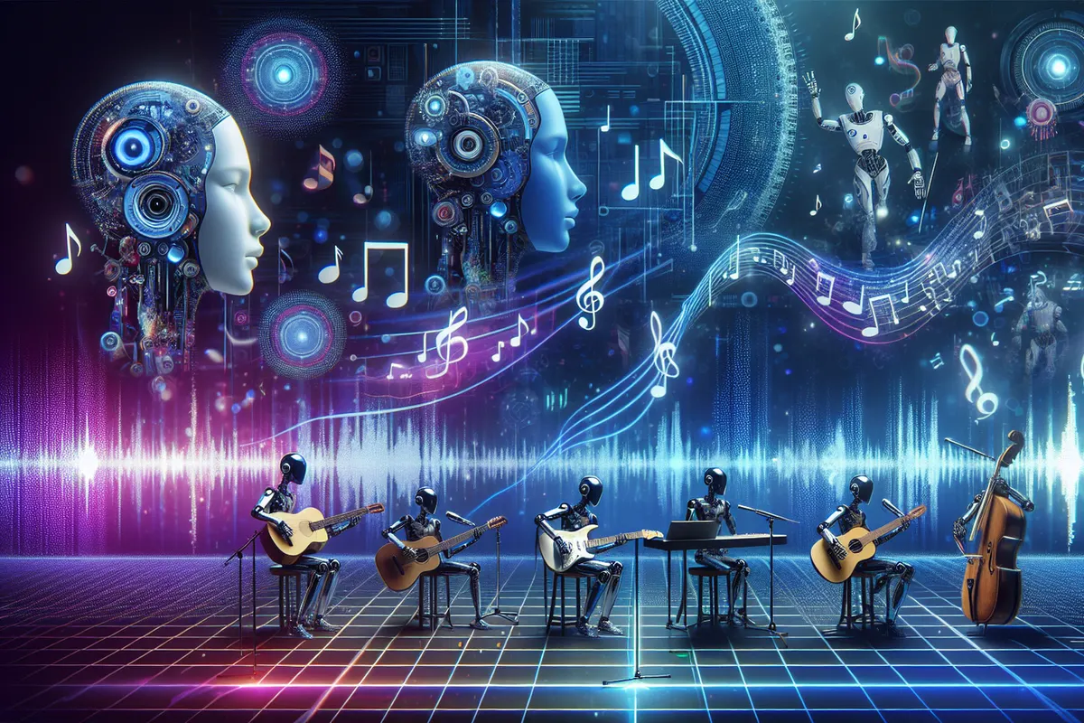 Un musicien utilise un logiciel d’IA pour analyser et produire des pistes dans un studio d’enregistrement.