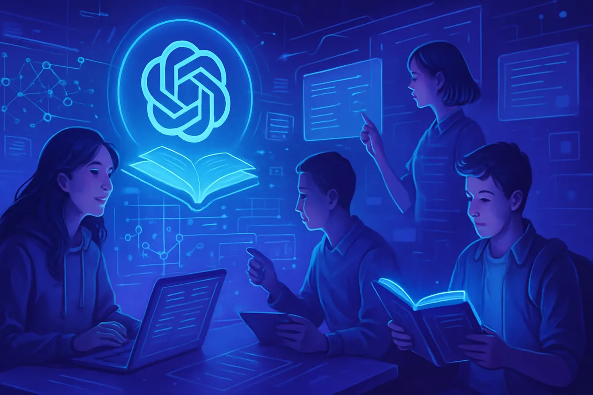Étudiante comparant ses notes et des livres universitaires avec un assistant IA sur son ordinateur portable.